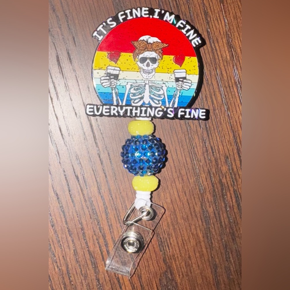 NWOT! It’s Fine Skeleton Coffee Messy Bun Nurse Badge Reel Retractable Belt Clip